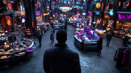 Obraz premium An engaging image of a futuristic marketplace illuminated by vibrant neon lights, showcasing modern shopping culture intertwined with technology and urban life.