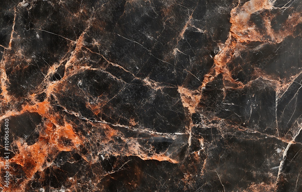 Poster a close-up view of a dark marble surface featuring striking orange veining and intricate patterns, s