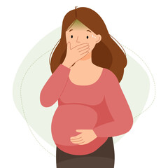 The cute pregnant woman experiences nausea. Pregnancy problems. Girl covers her mouth with her hand. Vector flat illustration