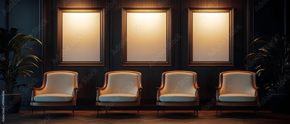 Poster three empty picture frames with illuminated backlighting above a row of four wooden armchairs in a b