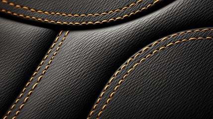 Close-up of textured black leather with contrasting orange stitching.