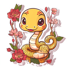 Adorable cartoon snake with a cheerful expression, entwined in floral branches. Ideal for children&rsquo;s illustrations or playful designs.