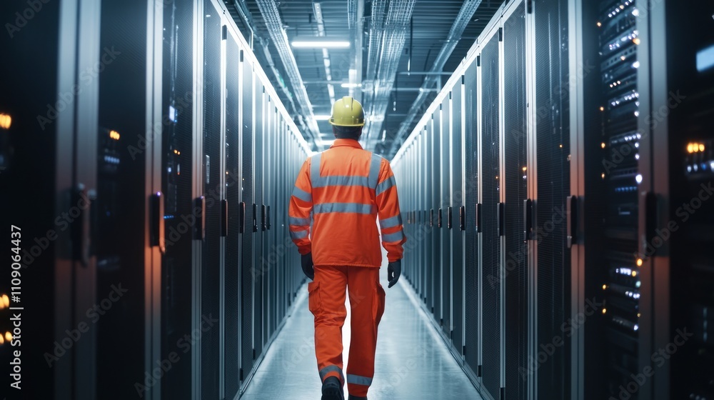 Poster a worker in safety gear walks through a server room, flanked by rows of servers, highlighting the im