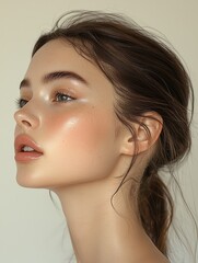 Featuring a young woman in profile, this captivating portrait highlights her natural beauty and serene expression, complemented by soft lighting and pastel tones