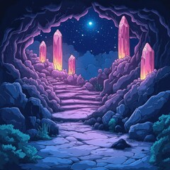 Fototapeta premium A mystical cave pathway illuminated by glowing crystals under a starry sky.