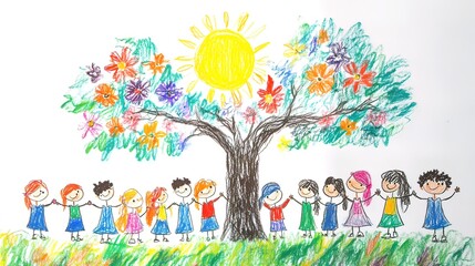 Fototapeta premium Colorful crayon drawing of children holding hands around a vibrant tree with flowers and sun.