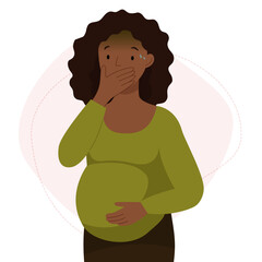 The cute african pregnant woman experiences nausea. Pregnancy problems. Girl covers her mouth with her hand. Vector flat illustration