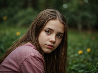 Vertical portrait of a teenage girl looking at the camera.