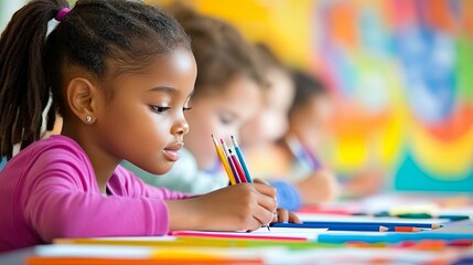 Young Girl Concentratedly Drawing Colorful Pictures
