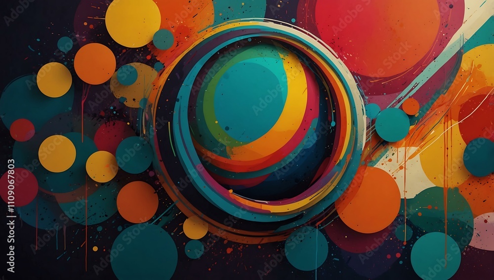 Poster vibrant abstract art with colorful circles and dynamic lines.