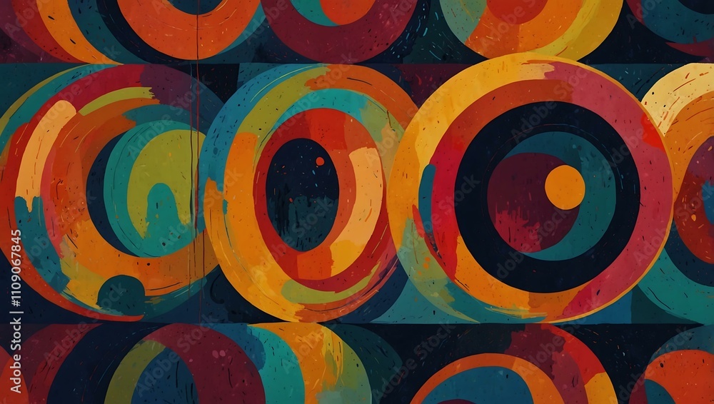 Poster vibrant abstract art with colorful circles and dynamic lines.