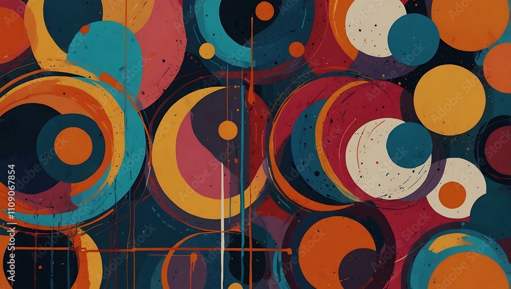 Poster vibrant abstract art with colorful circles and dynamic lines.