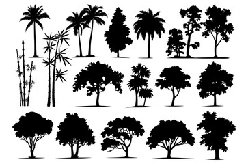 Set of various trees silhouettes vector, Tree nature silhouette, Set of Tree nature silhouette branch plant leaf forest vector trees, black Silhouette illustration of different tree set