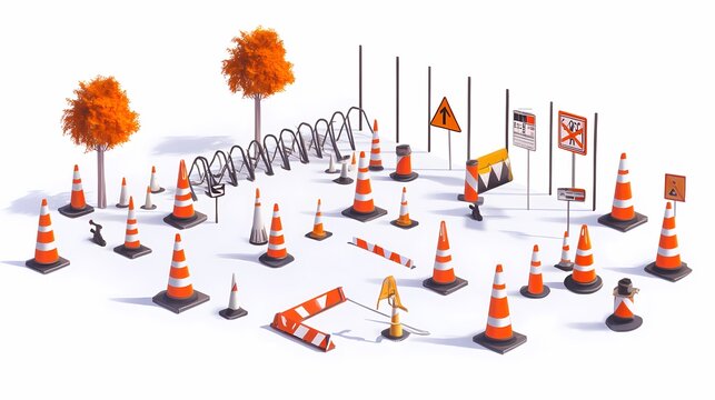 Colorful Construction Zone Elements with Traffic Cones, Signs, and Barriers in a Vibrant Urban Setting for Safety and Urban Planning Concepts