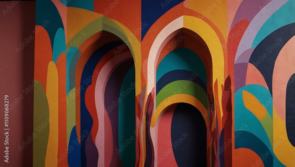 Poster vibrant abstract mural with layered arches, creating warmth.