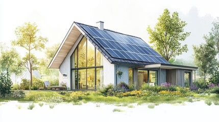 Modern House with Solar Panels on a Bright Background