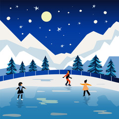 Children skate on a frozen lake. Landscape with frozen lake, mountains, forest, night sky and moon. vector hand drawn illustration.