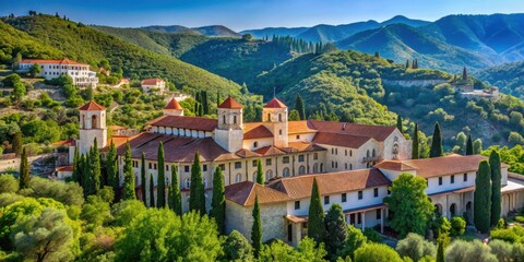 Fototapeta premium Orthodox monastery in Omodos, Cyprus surrounded by lush greenery and mountains in May 2016, Omodos
