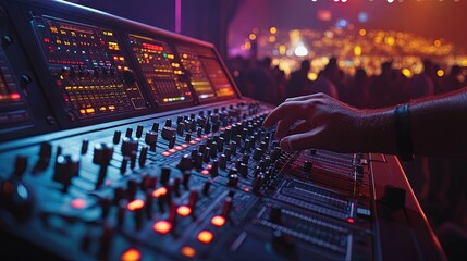 Hand adjusting soundboard at a live music event