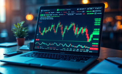 A laptop computer displaying a stock market graph