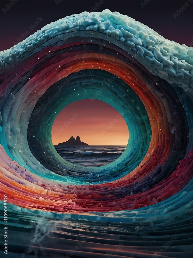 Poster vibrant abstract waves with an arched structure in surreal landscape.