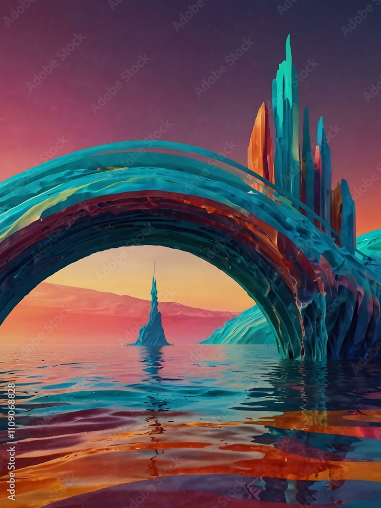 Poster vibrant abstract waves with an arched structure in surreal landscape.