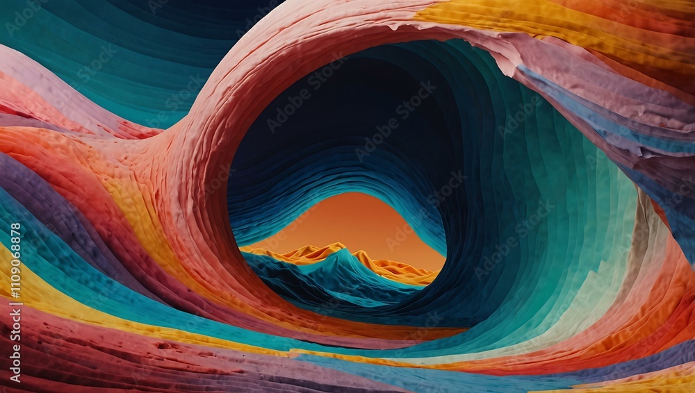 Poster vibrant abstract waves with arched structures in surreal landscapes.