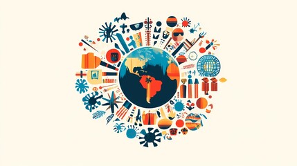 Colorful World Collage Featuring Diverse Icons Representing Cultures, Traditions, and Symbols in a Vibrant Artistic Design for Global Themes and Celebrations
