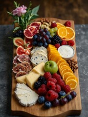 Vibrant cheese board with meats, fruits, and flowers.