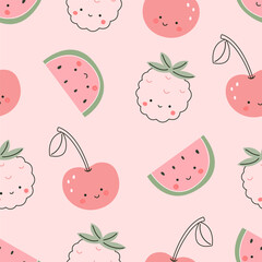  Seamless pattern with watermelon, raspberry and cherry berries. Vector illustration for printing. Cute children's background. 
