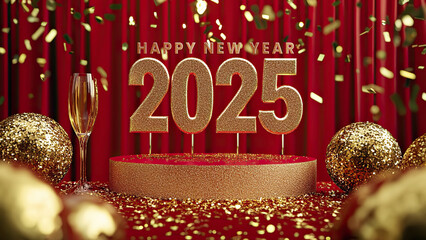Golden Glitter 2025 Happy New Year Text on Podium Surrounded by Champagne Glass, Baubles in Confetti Red Background Photo.
