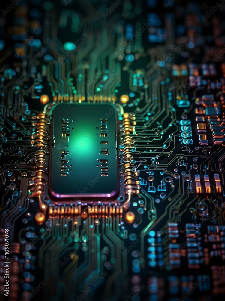 Poster vibrant circuit board with microchip and glowing effects.
