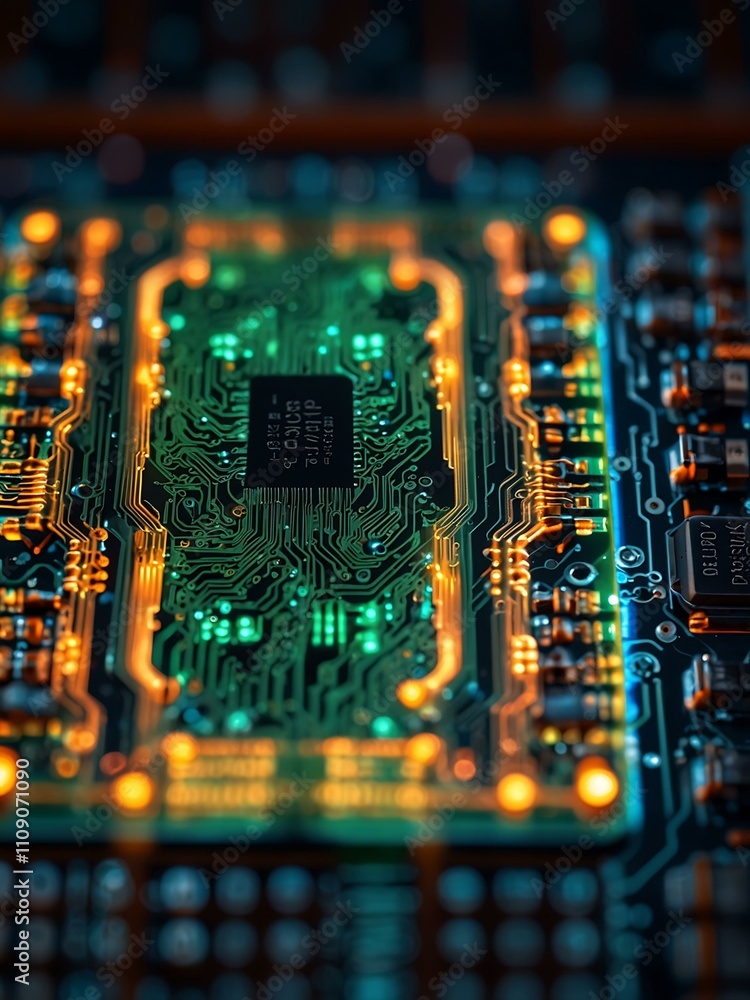 Poster vibrant circuit board with microchip and glowing effects.