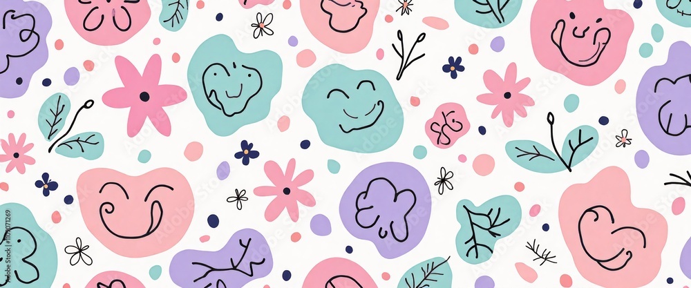 Poster a colorful flower pattern with many smiling faces. scene is cheerful and lighthearted