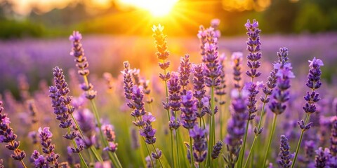 Fototapeta premium A field of lavender blossoms bathed in the warm glow of the setting sun, creating a picturesque scene of natural beauty