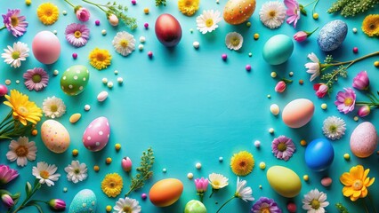 A vibrant Easter celebration with colorful eggs and blooming flowers on a cheerful blue background.