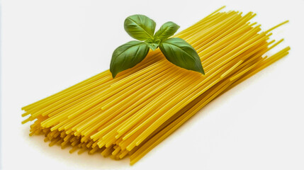 Delicious spaghetti pasta with rich tomato sauce, topped with a fresh basil leaf, isolated on white background