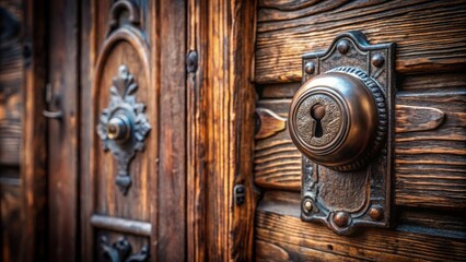 Fototapeta premium An ornately designed antique door handle with a keyhole, set against the backdrop of a weathered, wooden door.
