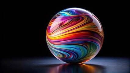 Fototapeta premium Abstract colorful glass sphere with wavy round lines on black background, render, abstract art, surreal