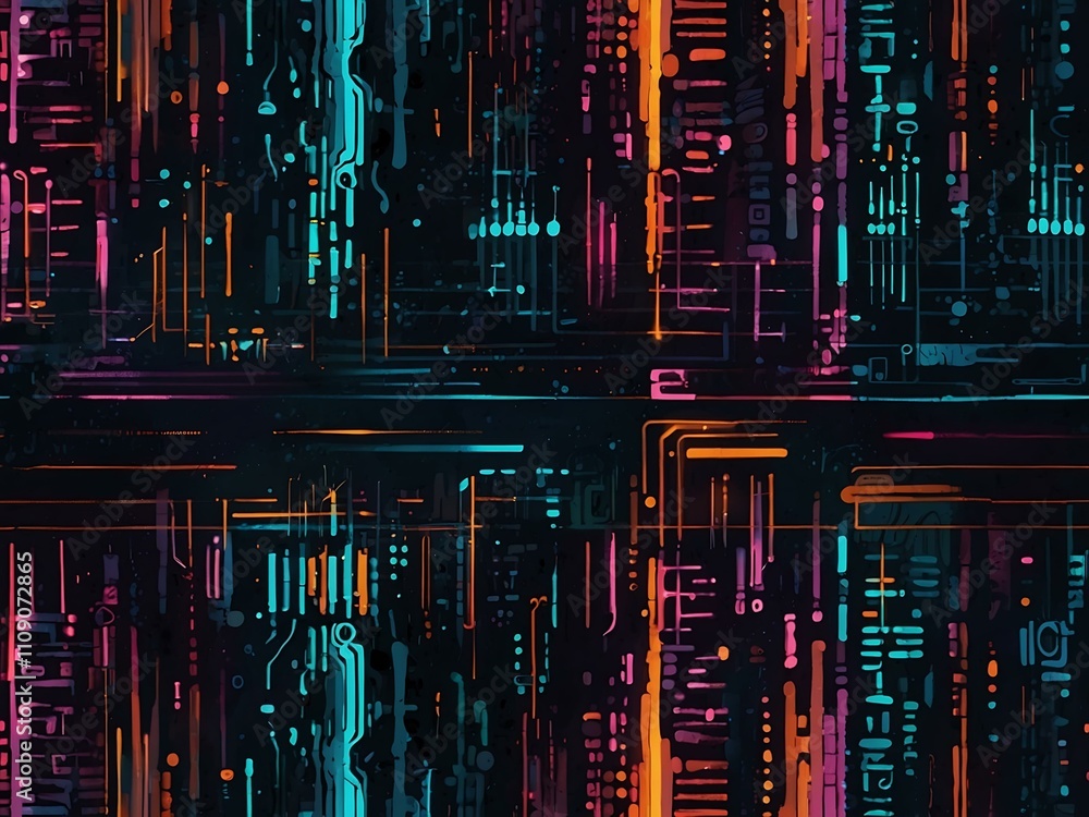 Poster vibrant digital patterns with futuristic elements for modern projects.