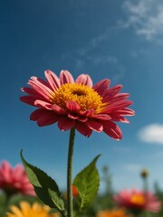 Vibrant floral bloom against a bright blue sky.