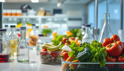 Chemical Laboratory of the Food supply . Food in laboratory, dna modify .GMO Genetically modified food in lab with a white accent, png