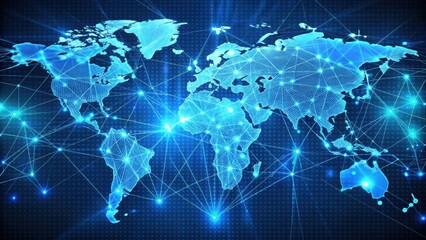 Futuristic global 5G worldwide communication between cities with matrix continent map background, 5G, futuristic