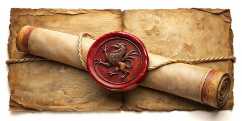 A Rolled Parchment Scroll Secured with a Rope and Sealed with a Red Wax Imprint Featuring a Mythical Creature