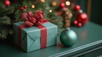 Single gift box lying next to a Christmas tree ornament Mockup. Generative AI