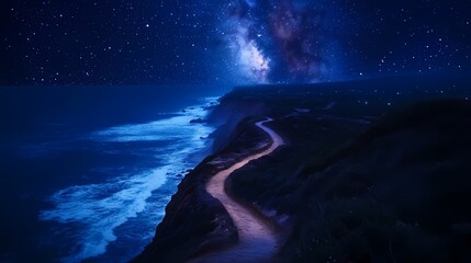 Fototapeta premium Serene Night Sky Over Coastal Cliffs with Glimmering Stars and Cosmic Views Reflecting on Calming Ocean Waves in a Peaceful Landscape