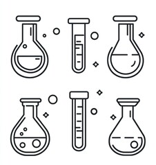 Simple line art illustration of various scientific laboratory glassware, including beakers, flasks, and test tubes, filled with liquids, suitable for educational or scientific use.