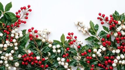Aesthetic Christmas frame with green branches, red and white berries and flowers, copy space. Generative AI
