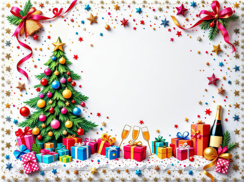 New Year's Eve paper cutout applique on a white background Holiday decorations. High quality illustration