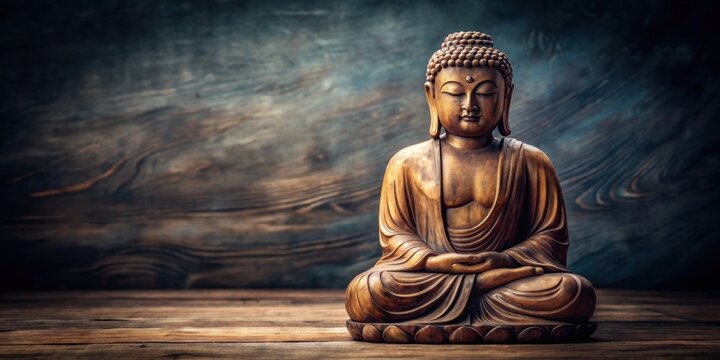 Antique wooden Buddha statue in meditation exuding time-worn tranquility, antique, wooden, Buddha, statue, meditation, serene